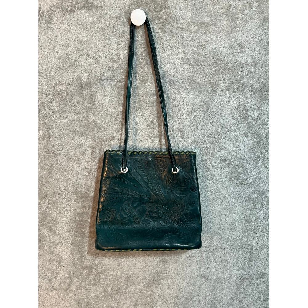 Tooled Leather Purse Green Floral Handmade in Paraguay Handmade Boho Western - Picture 3 of 9